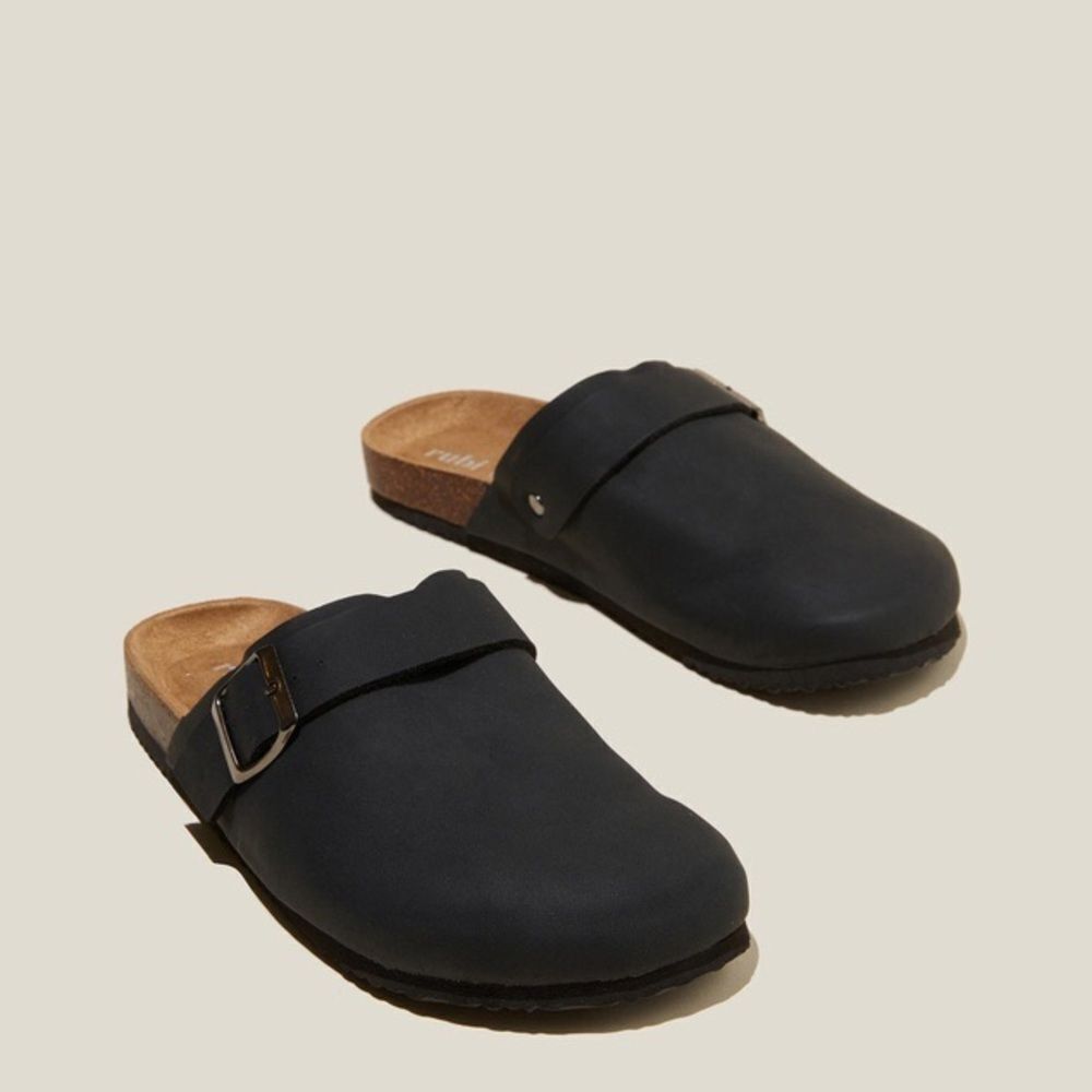 RUBI Rex Buckle Mules Black suede Size 7 NWT‎ in pkg